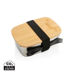 Rustfrit stål madkasse med bambuslåg og "spork"